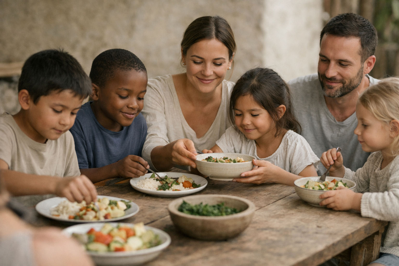 Families sharing a meal together